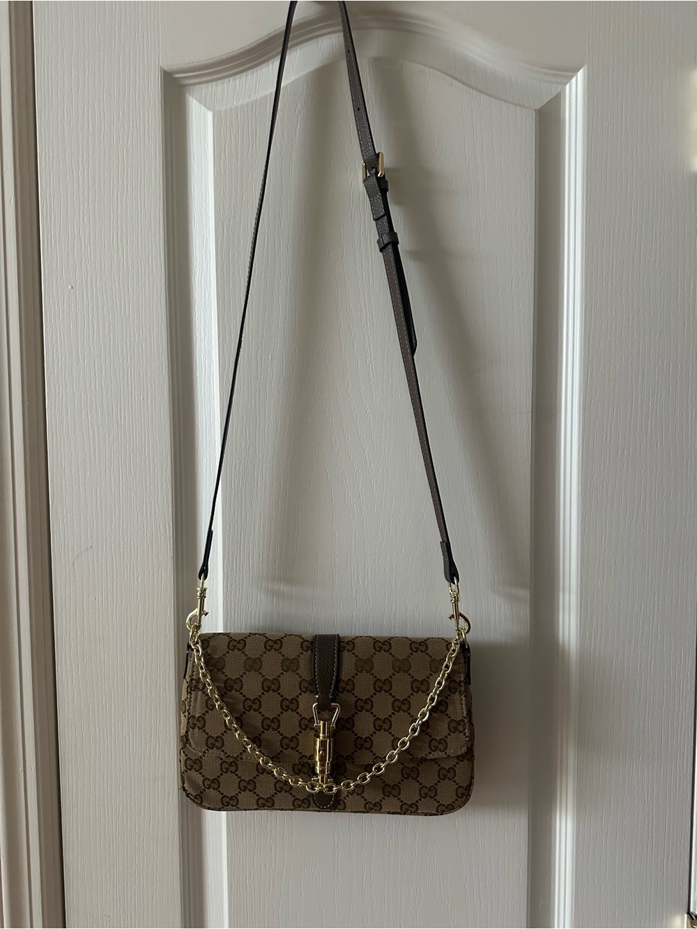 Monogram Pattern Brown Crossbody Bag with Gold Chain Accent